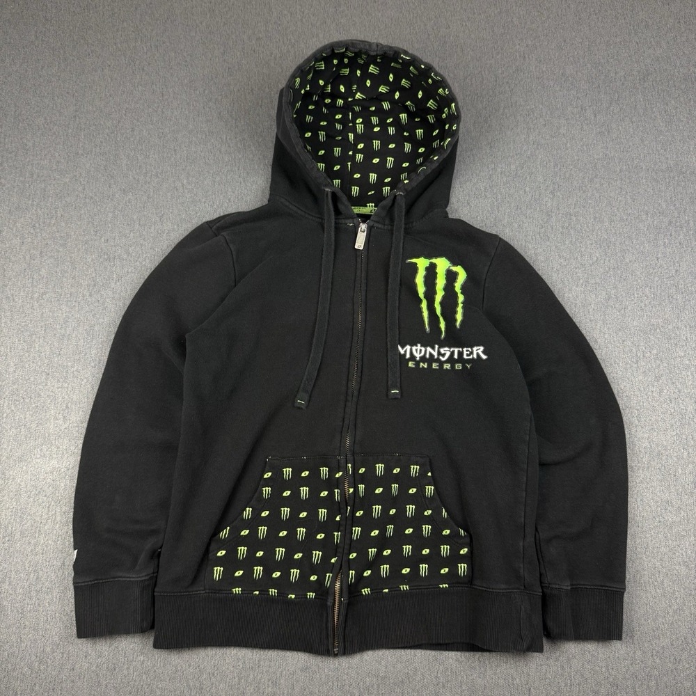 Monster Energy Zip Up Black Hoodie Sweatshirt Mens Medium Rare Black